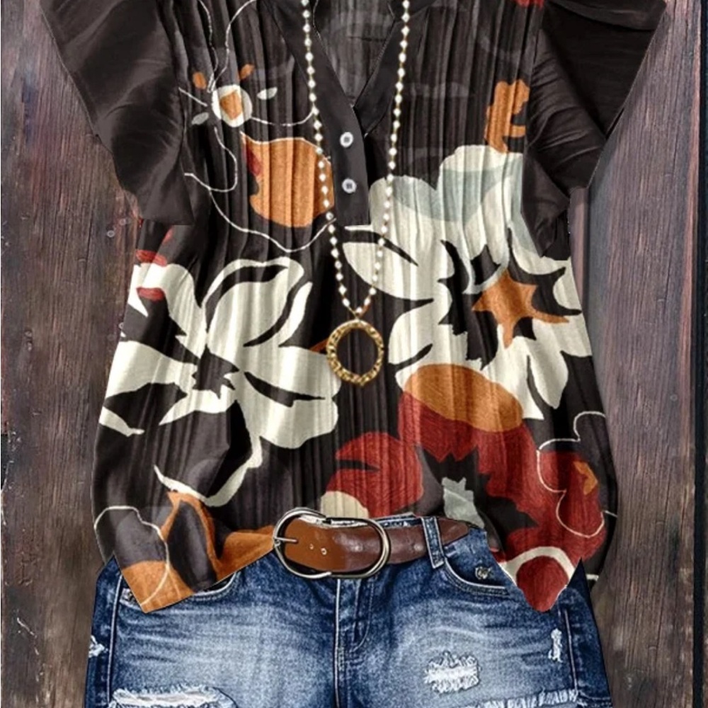 Floral Print Women's Top - Black, White, Red, Orange 2XL